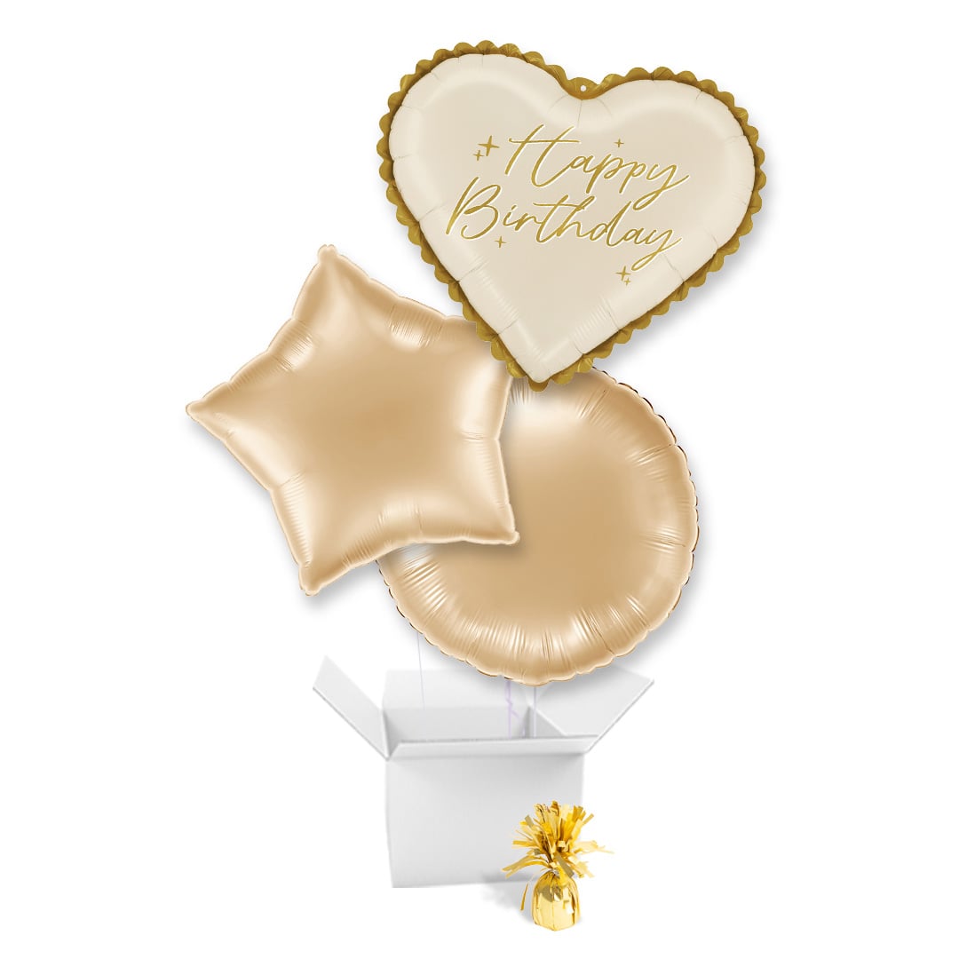 Elegant Lace Cream Happy Birthday Heart Shaped Foil Balloon Bouquet - 3 Inflated Balloons In A Box