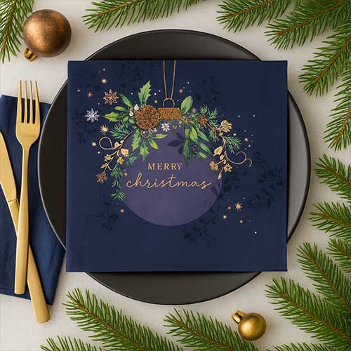 Elegant Merry Christmas Navy Blue Bauble Premium Decoupage Luncheon Napkins 3 Ply 33cm Pack of 20