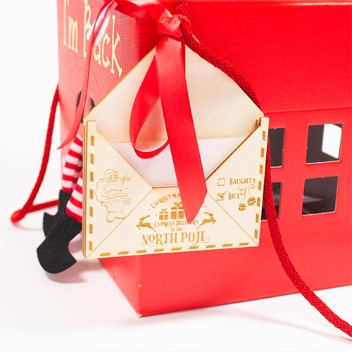 White Naughty Elf Arrival in a House with Wooden Christmas Envelope Product Gallery Image