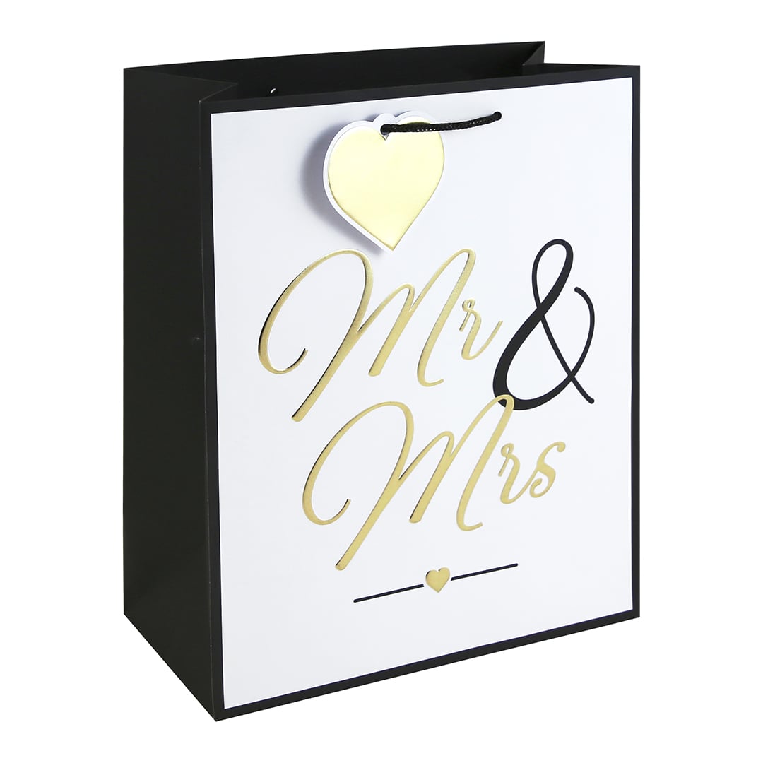 Embossed Gold Mr & Mrs Large White Gift Bag 33cm
