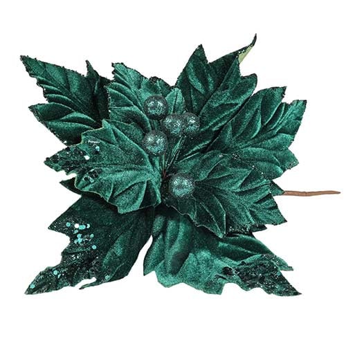 Emerald Green Velvet Christmas Poinsettia with Glitter Detail Artificial Flower Decoration 40cm Product Image