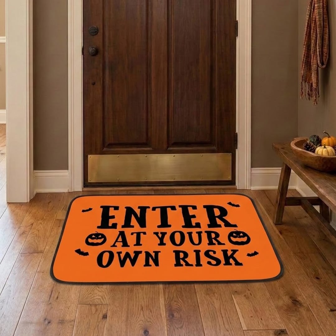 Enter At Your Own Risk Orange Halloween Door Mat 60cm