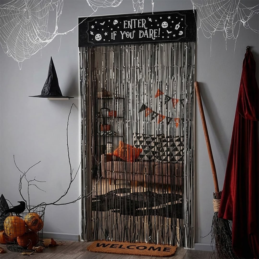Enter If You Dare Spooky Halloween Black Door Curtain Backdrop 1.8m