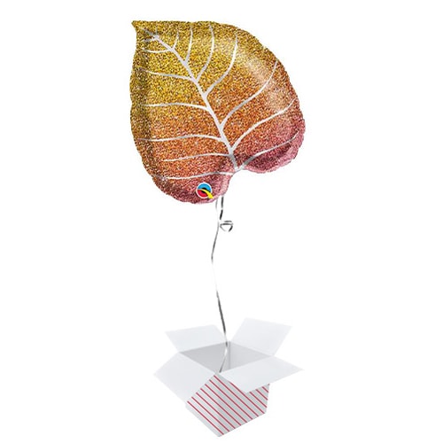 Fall Glittergraphic Ombre Leaf Shape Helium Foil Qualatex Balloon - Inflated Balloon in a Box Product Image