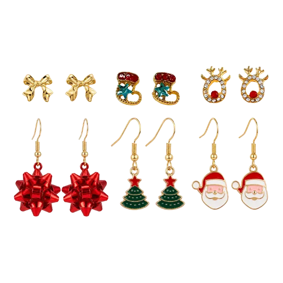 Festive Christmas Designs Gold Metal Earrings - Pack of 6
