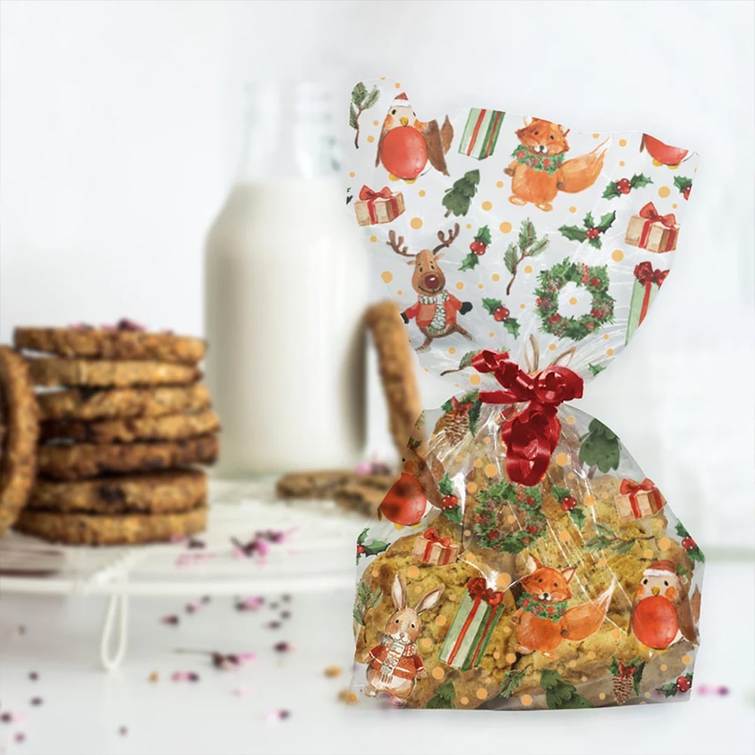 Festive Woodland Animals Clear Cello Christmas Treat Bags with Twist Ties - Pack of 20 View 2
