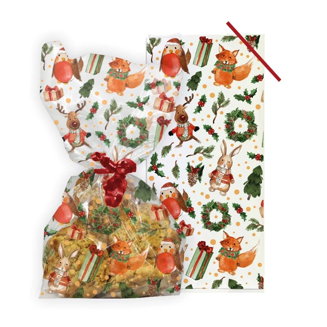Festive Woodland Animals Clear Cello Christmas Treat Bags with Twist Ties - Pack of 20