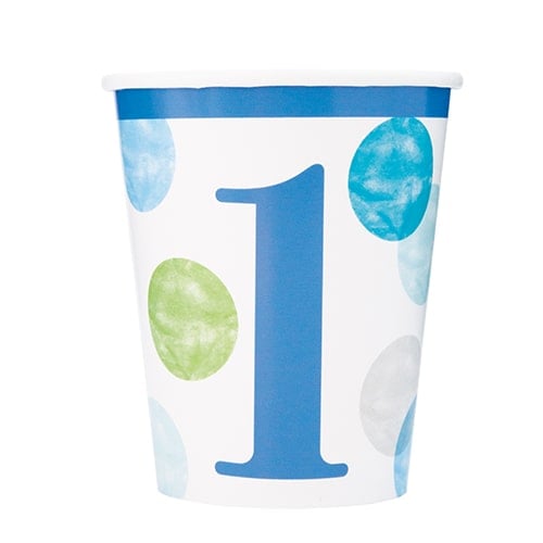 First Birthday Boy Blue Dots Paper Cups 270ml - Pack of 8 Product Image