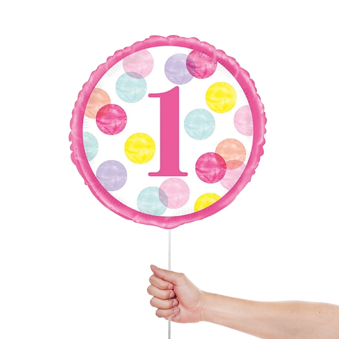 First Birthday Girl Pink Dots Round Foil Helium Balloon 46cm / 18 in Product Gallery Image