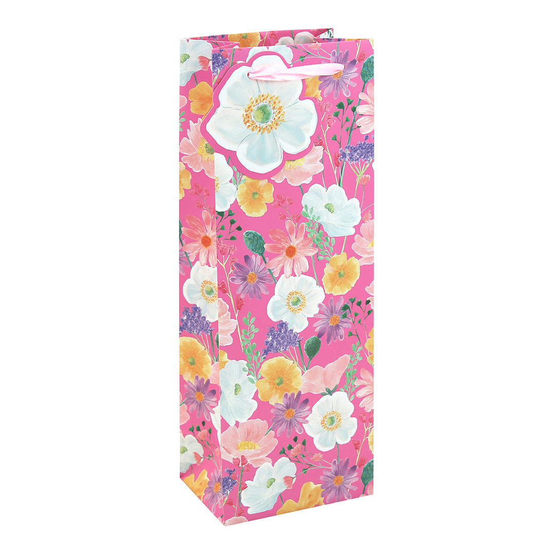 Floral Hot Pink Bottle Gift Bag 35cm