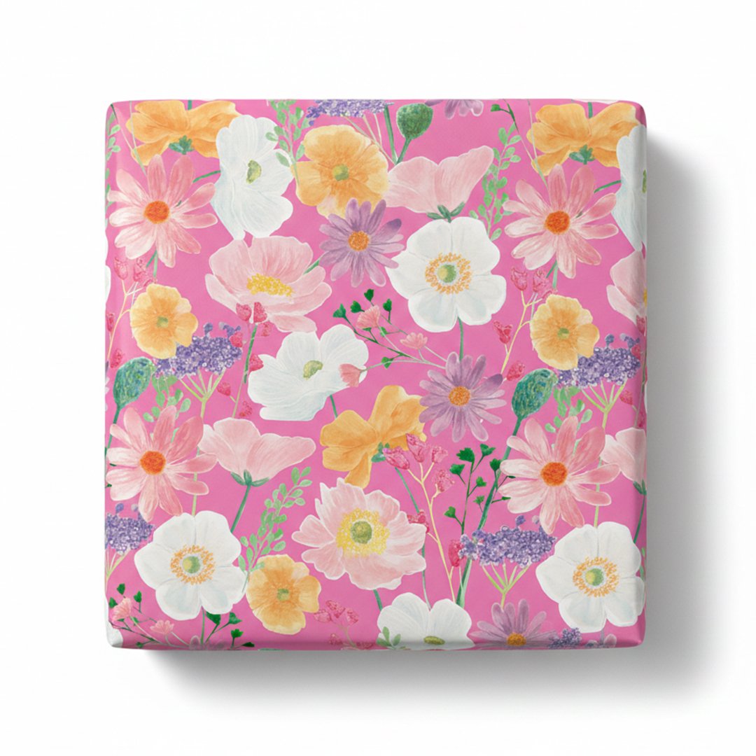 Flowers on Hot Pink Gift Wrapping Paper Roll 3m