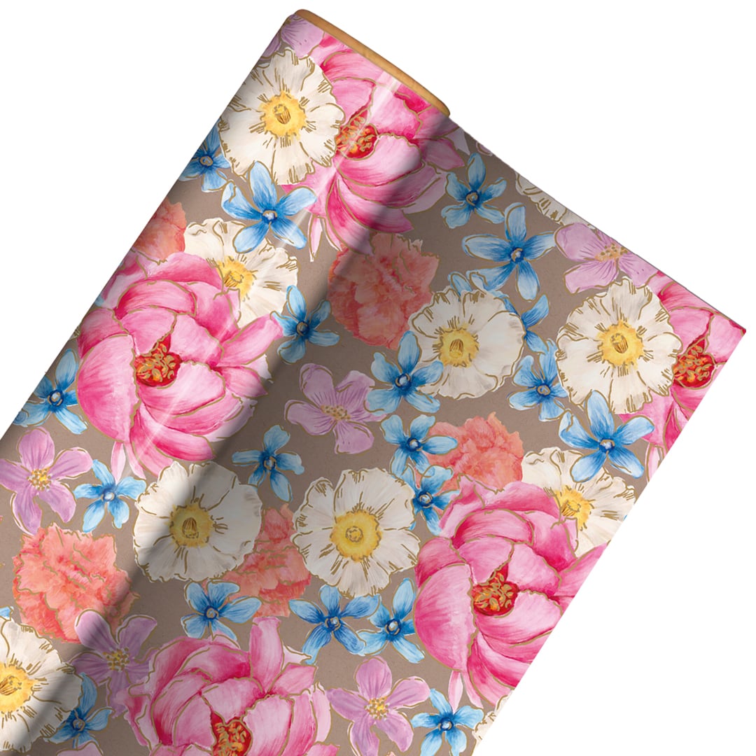 Flowers on Neutral Gift Wrapping Paper Roll 3m Product Gallery Image
