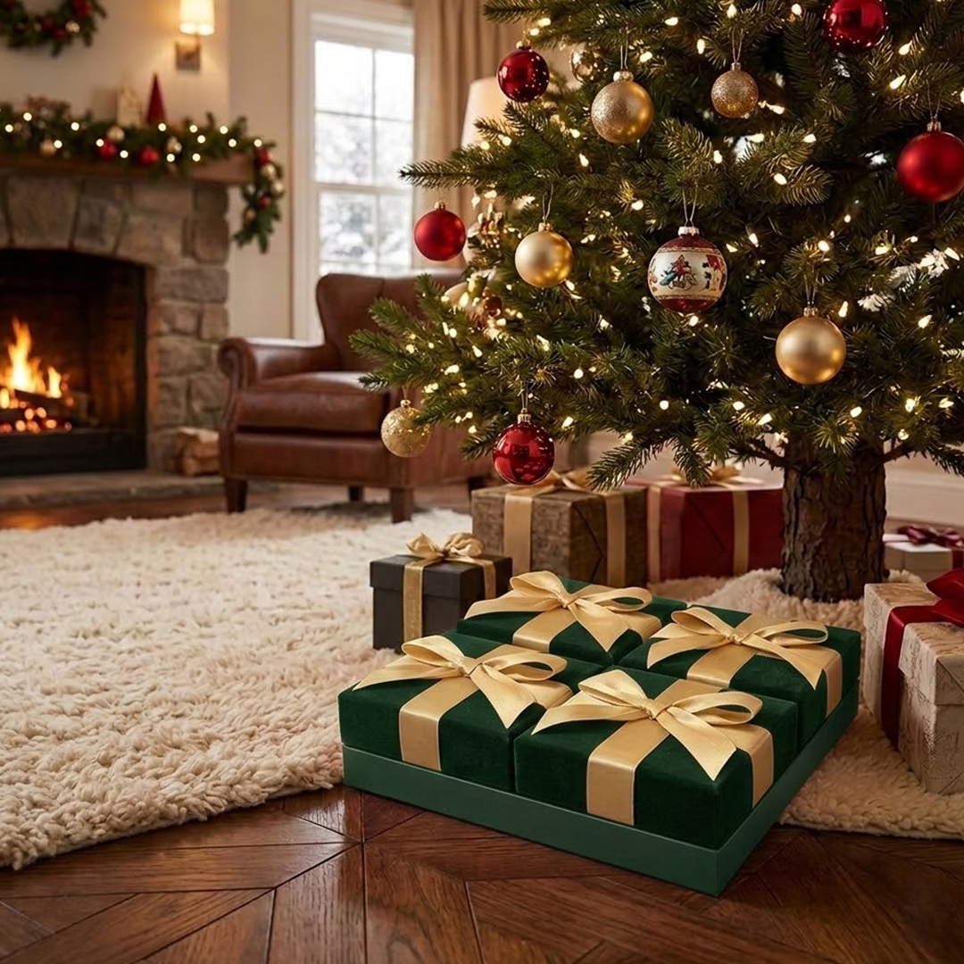 Forest Green Velvet Christmas Gift Boxes with Gold Ribbon Bows 11.5cm - Pack of 4 View 2