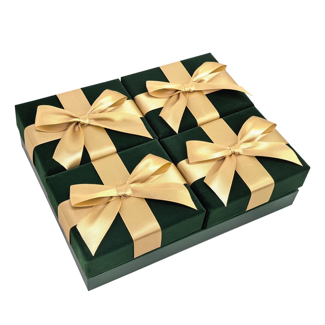 Forest Green Velvet Christmas Gift Boxes with Gold Ribbon Bows - Pack of 4