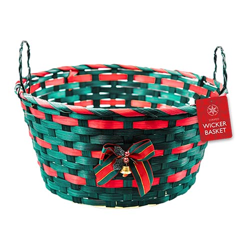 Forest Green with Red Detail Christmas Wicker Basket with Handles & Bell 30cm Product Image