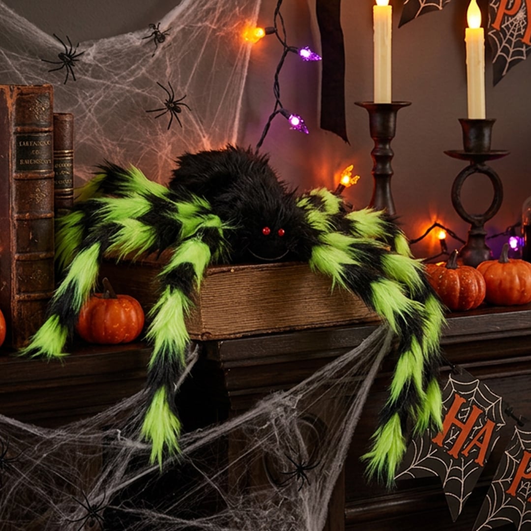 Furry Green & Black Spider Halloween Decoration 19cm View 2