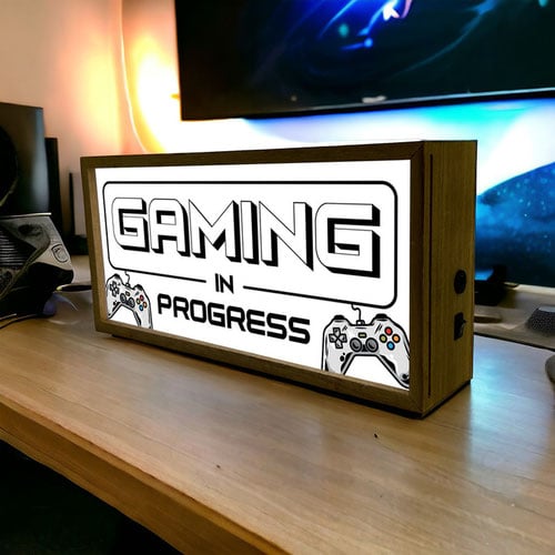 Gaming In Progress LED Light Box Wood Room Sign Product Gallery Image