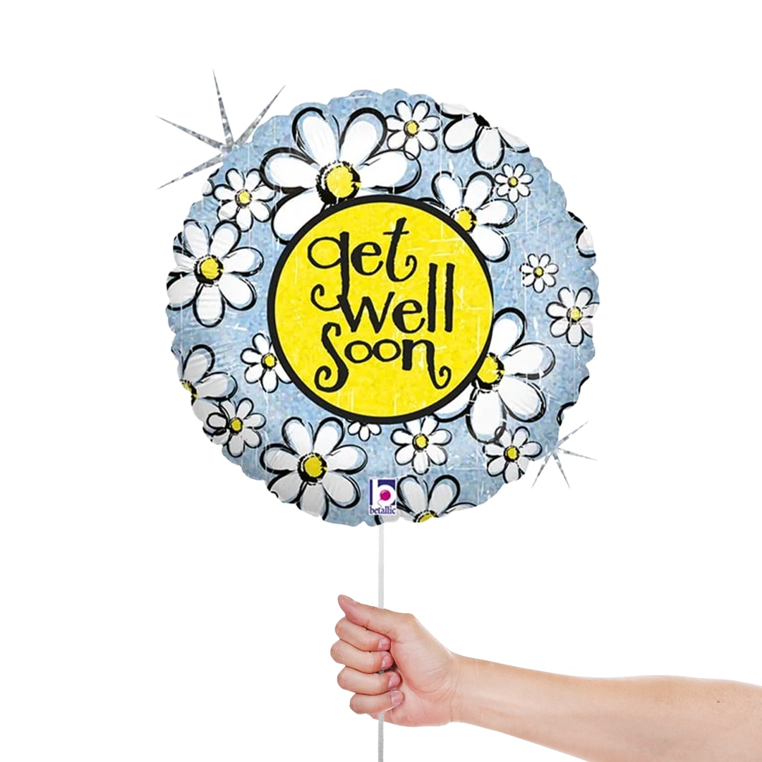Get Well Soon Daisy Holographic Round Foil Helium Balloon 46cm / 18 in Product Gallery Image