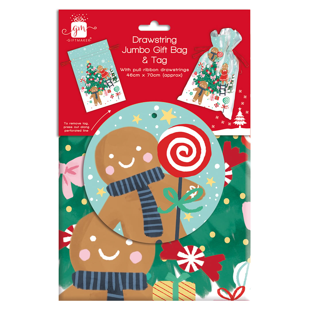 Gingerbread Man Christmas Drawstring Jumbo Gift Bag