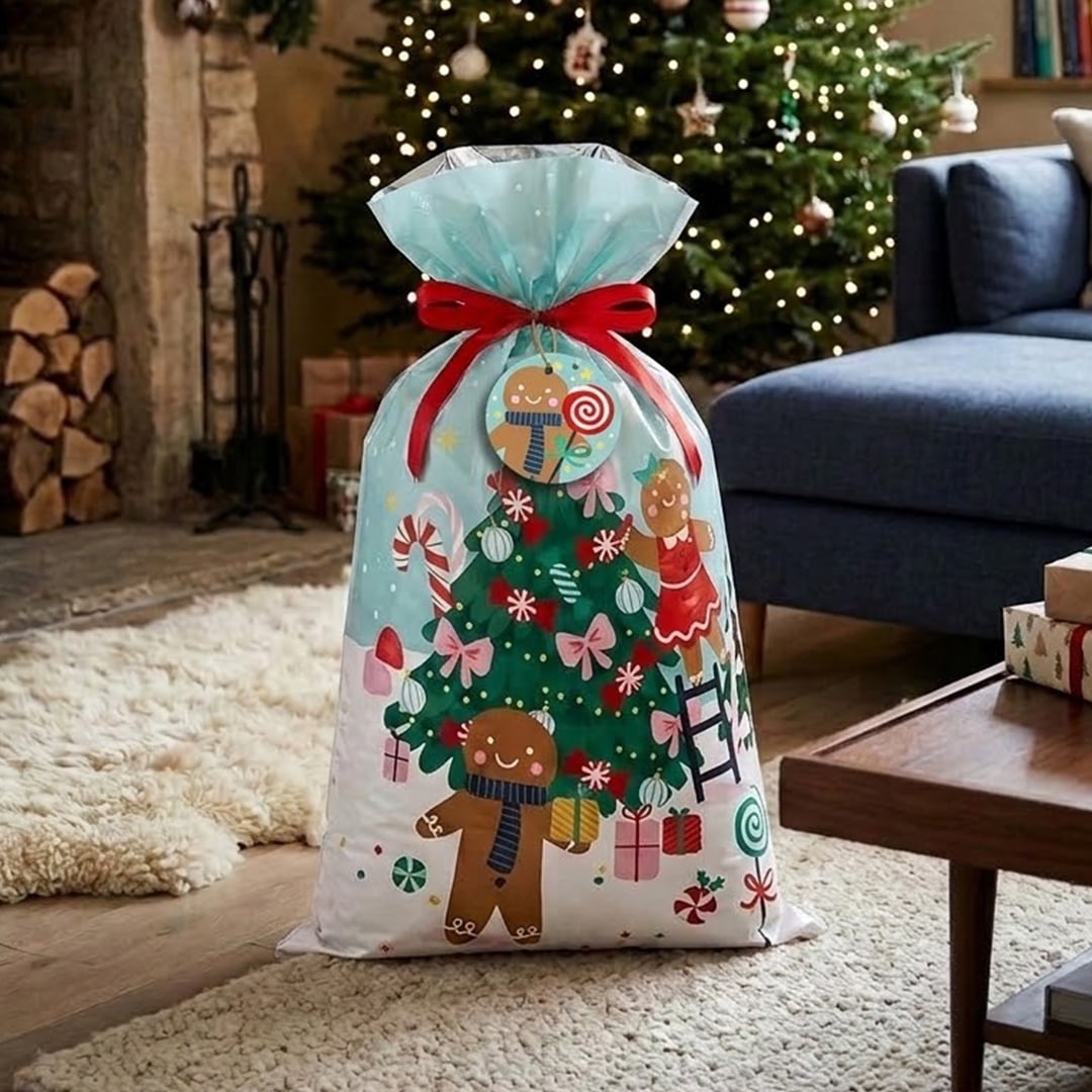 Gingerbread Man Christmas Drawstring Jumbo Plastic Gift Bag 70cm