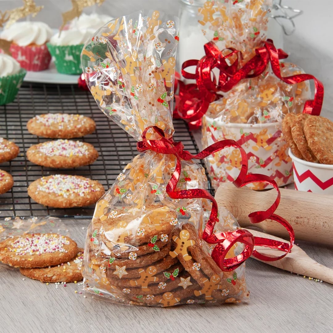 Gingerbread Man Pattern Clear Cello Christmas Treat Bags with Twist Ties - Pack of 20 View 2