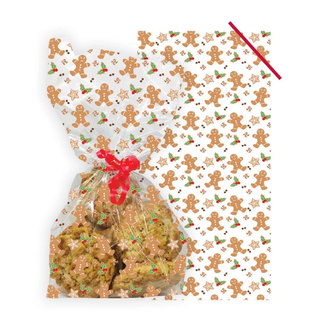 Gingerbread Man Pattern Clear Cello Christmas Treat Bags with Twist Ties - Pack of 20