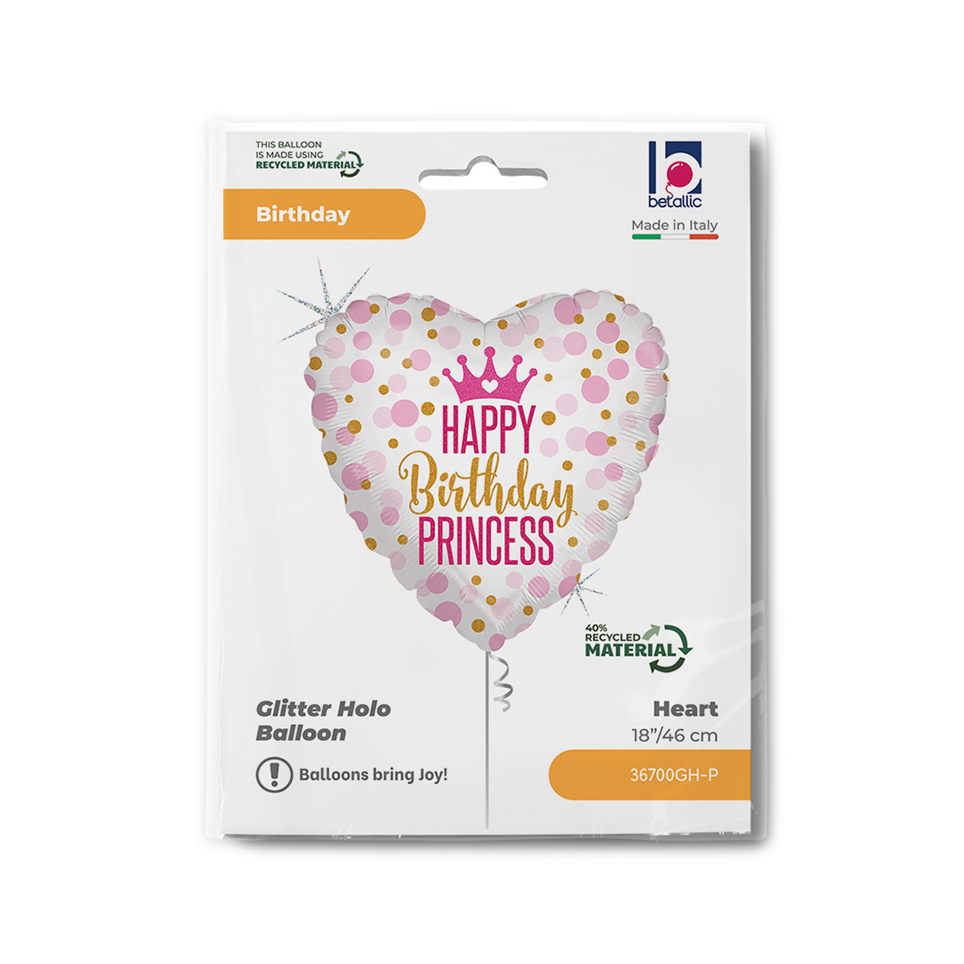 Glitter Birthday Heart Princess Holographic Round Foil Balloon 46cm / 18 in Product Gallery Image