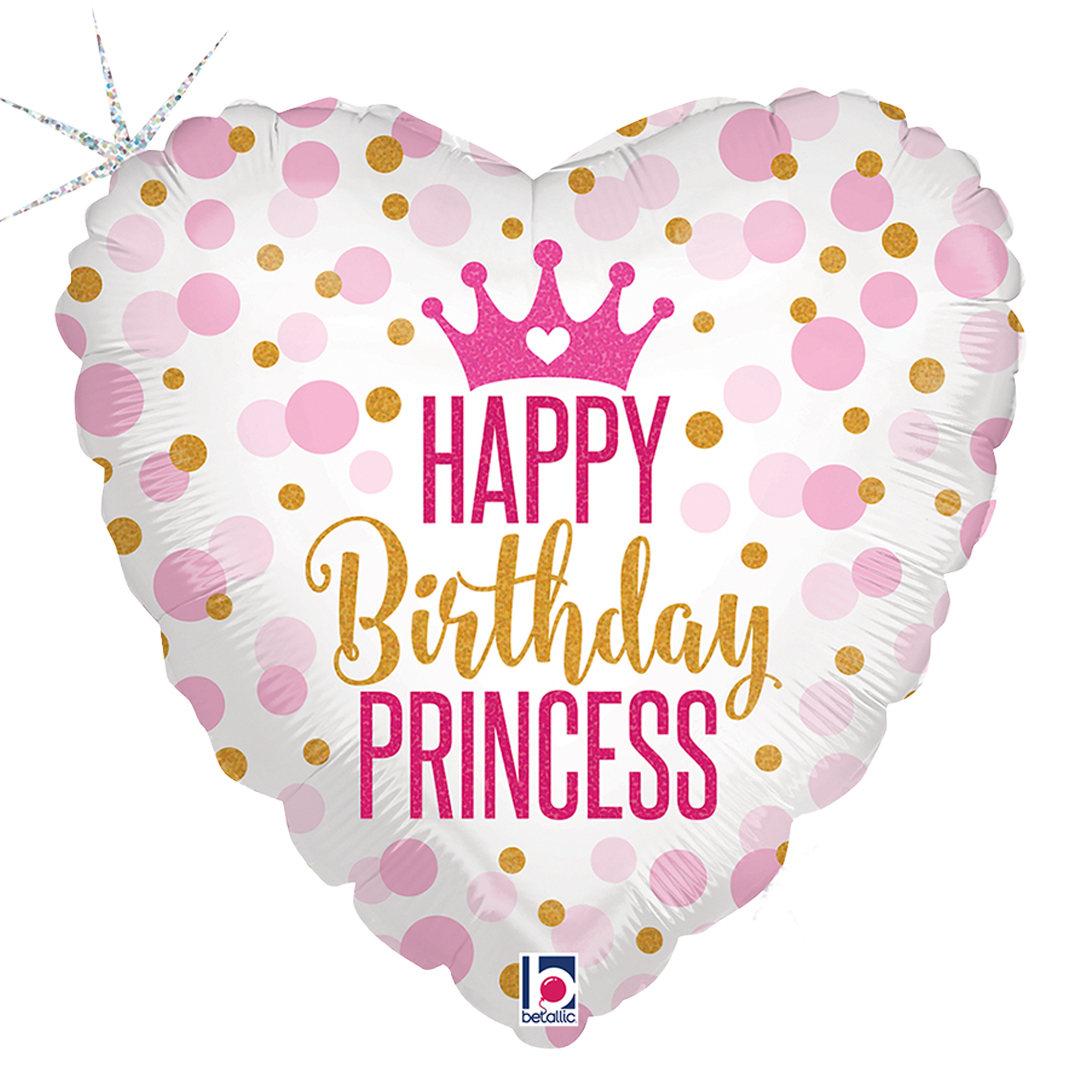 Glitter Birthday Heart Princess Holographic Round Foil Balloon 46cm / 18 in