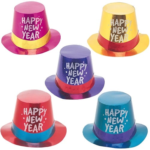 Glitter Happy New Year Assorted Foiled Top Hat Fancy Dress Product Image