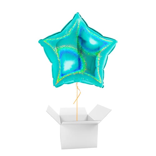 Glitter Holographic Turquoise Blue Star Shape Foil Helium Balloon - Inflated Balloon in a Box