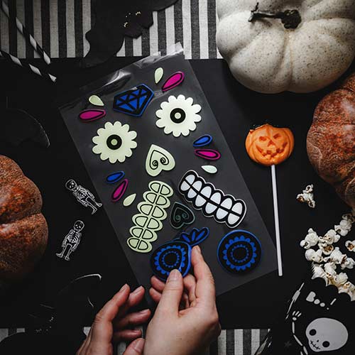 Glow in the Dark Day of the Dead Halloween Pumpkin Gel Stickers - Pack of 2 Product Gallery Image