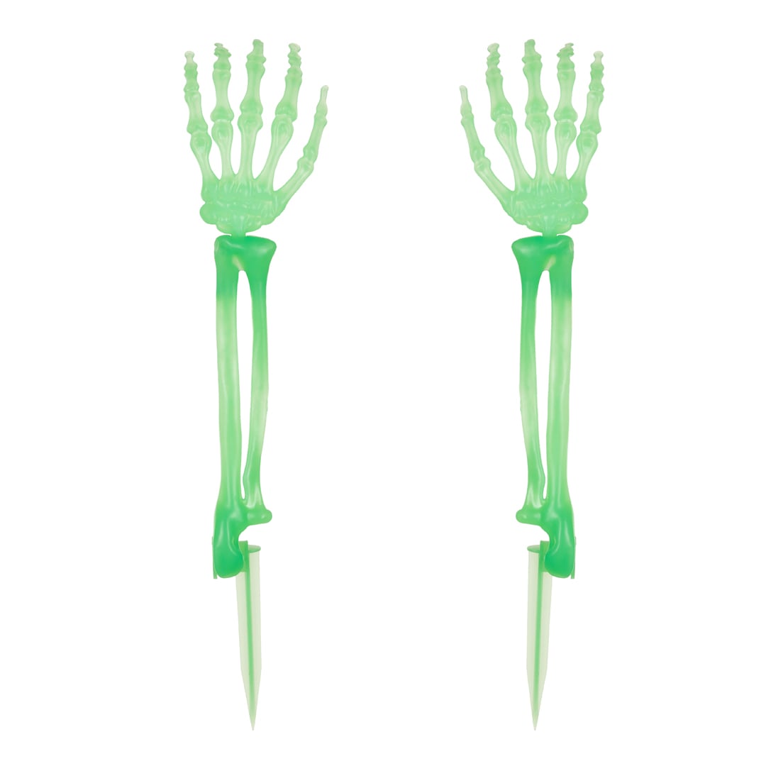 Glow In The Dark Skeleton Hands Garden Stake Plastic Outdoor Halloween Decoration 46cm - Pack of 2