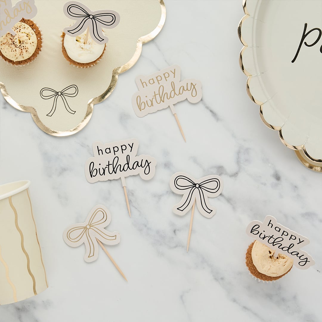 Gold & Black Happy Birthday Bow Food Cake Picks - Pack of 12 Product Gallery Image