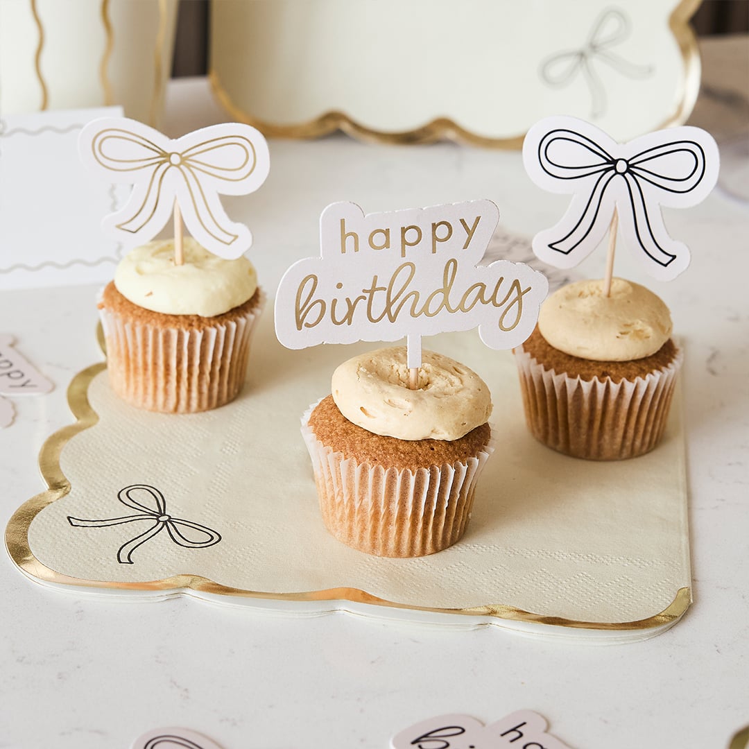 Gold & Black Happy Birthday Bow Food Cake Picks - Pack of 12 Product Gallery Image