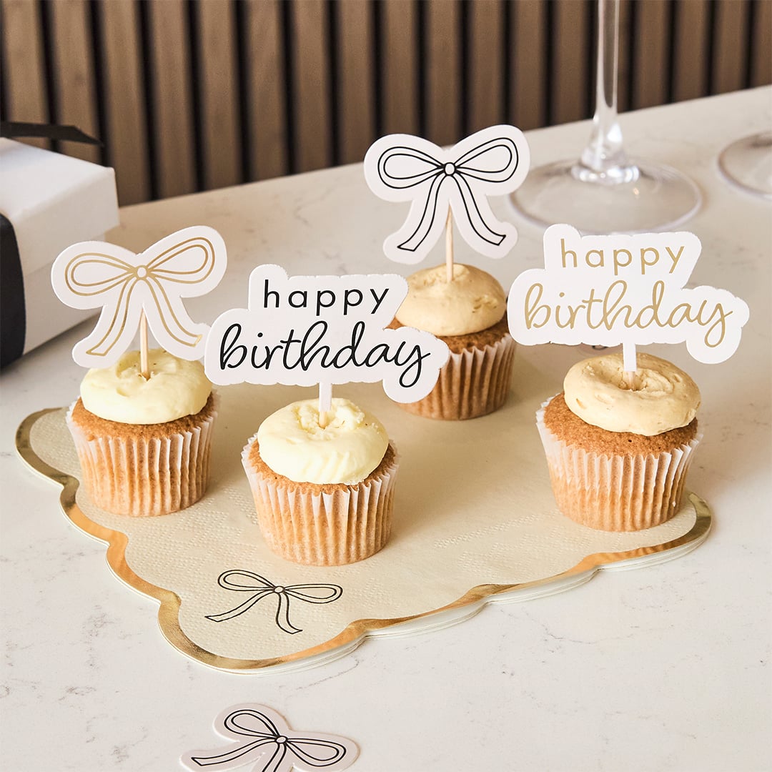 Gold & Black Happy Birthday Bow Food Cake Picks - Pack of 12 Product Gallery Image