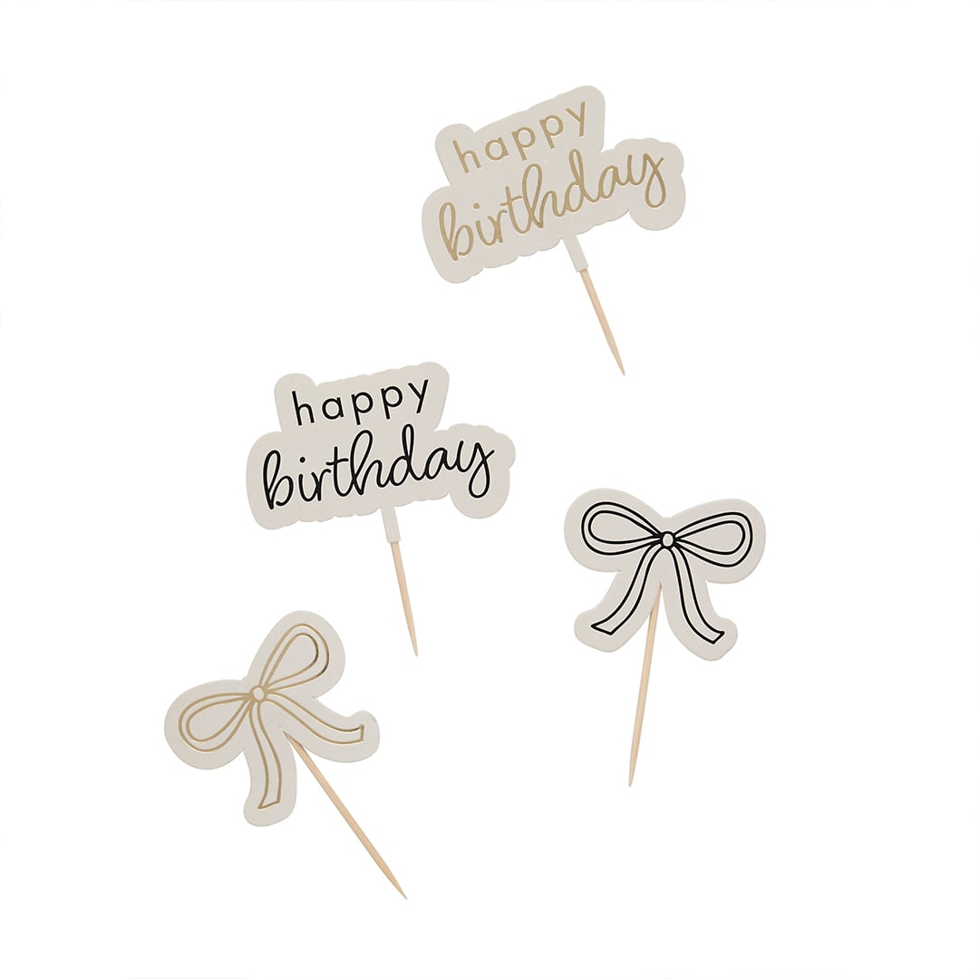 Gold & Black Happy Birthday Bow Food Cake Picks - Pack of 12