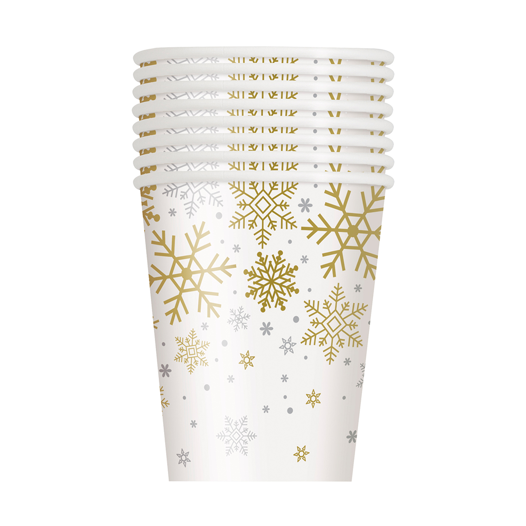 Gold & Silver Snowflake Print Christmas Paper Cups 270ml - Pack of 8 View 2