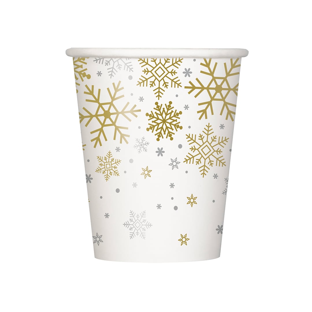 Gold & Silver Snowflake Print Christmas Paper Cups 270ml - Pack of 8