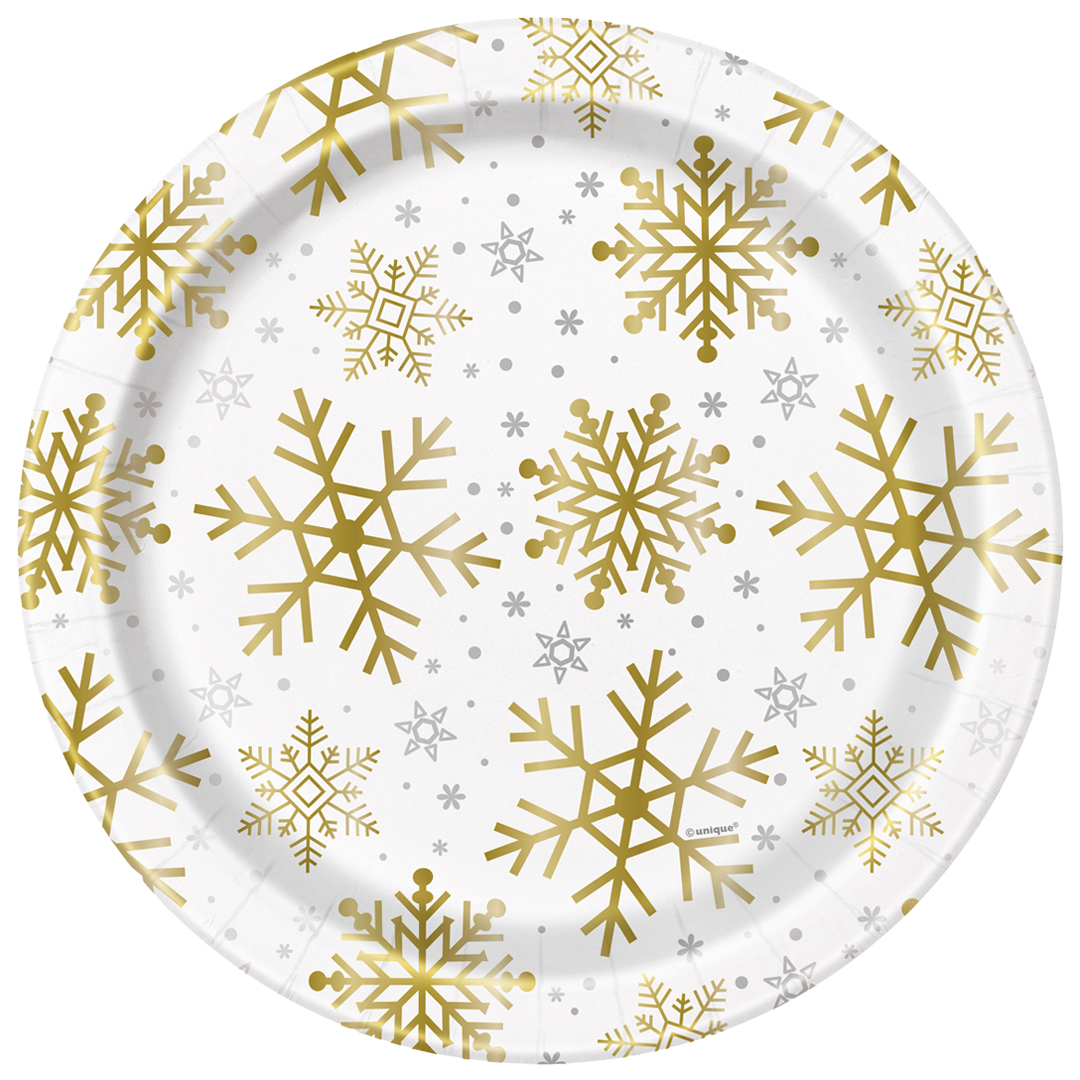 Gold & Silver Snowflake Print Christmas Round Paper Plates 22cm - Pack of 8