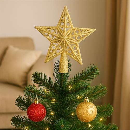 Gold 5 Tip Glittered Christmas Tree Top Star Decoration 14cm