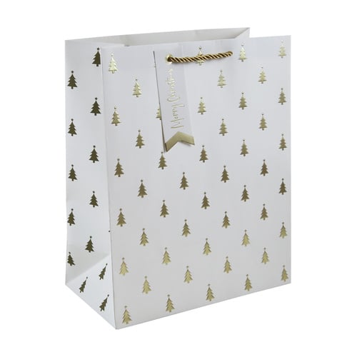 Gold Embossed Christmas Tree Large White Gift Bag 33cm