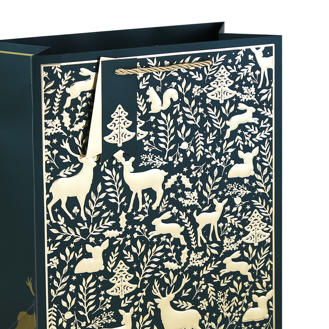 Gold Embossed Woodland Animals Christmas Large Midnight Blue Gift Bag 33cm Product Gallery Image