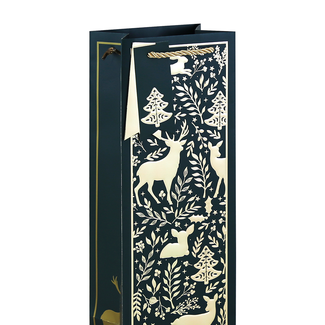 Gold Embossed Woodland Animals Christmas Midnight Blue Bottle Gift Bag 35cm Product Gallery Image