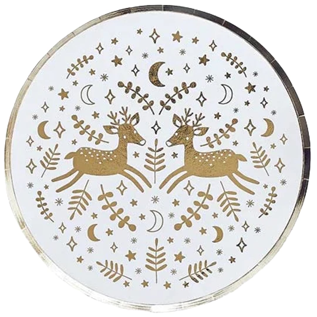 Gold Foil Christmas Reindeer Round Paper Plates 23cm - Pack of 8
