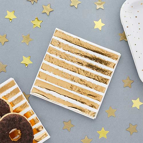 Gold Foil Striped Luncheon Paper Napkins 3 Ply 33cm - Pack of 16 Product Gallery Image