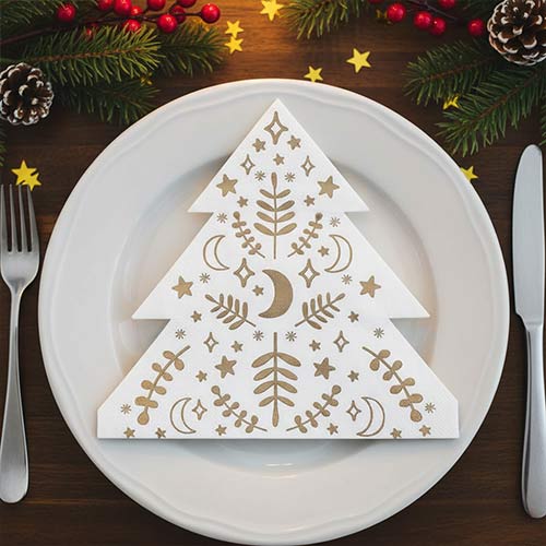 Gold Foil White Christmas Tree Shaped Paper Luncheon Napkins 33cm 3 Ply - Pack of 16