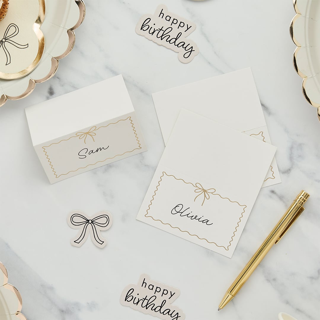 Gold Foiled Scalloped Edge Bow White Paper Place Cards - Pack of 8 Product Gallery Image