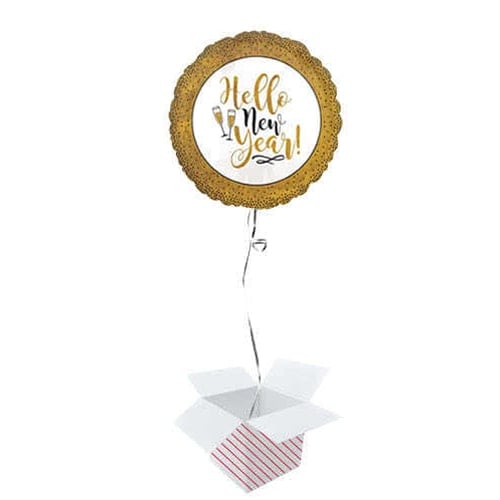 Gold Glitter Hello New Year Round Foil Helium Balloon - Inflated Balloon in a Box Product Image