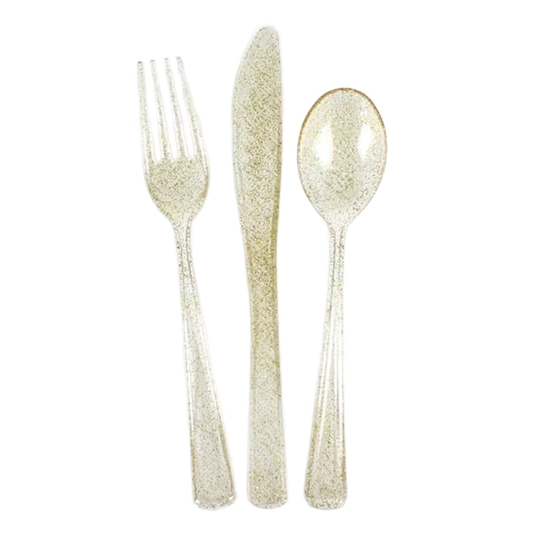 Gold Glitter Premium Quality Reusable Assorted Plastic Cutlery Set - Pack of 18