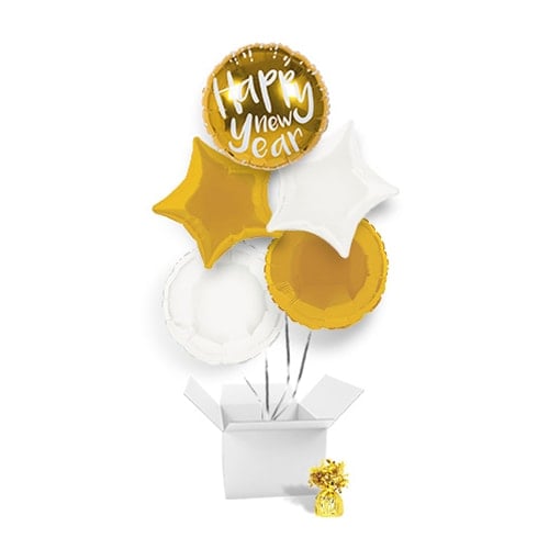 Gold Happy New Year Balloon Bouquet - 5 Inflated Balloons In A Box Product Gallery Image